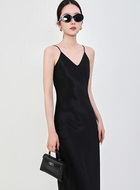 Mooelpom新款醋酸V领吊带洋装女缎面丝滑光泽感度假真丝长裙女