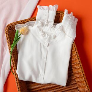 桑蚕丝OL风春季 衬衫 新 木耳领立领长袖 好质感04真丝双绉白色法式