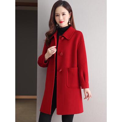 红色韩版高级感双面羊绒大衣女2024新款中长款高端秋冬羊毛呢外套