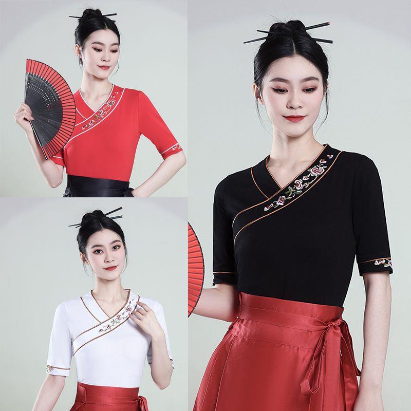 新款古风上衣搭配马面裙日常穿夏季新中式绣花短袖T恤女国风上衣