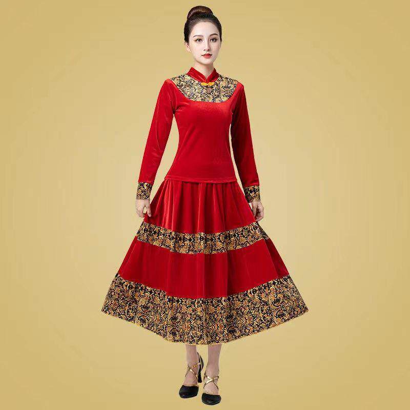 广场舞服装女秋冬新款名族风金丝绒长裙大摆裙跳舞衣服古典舞套装