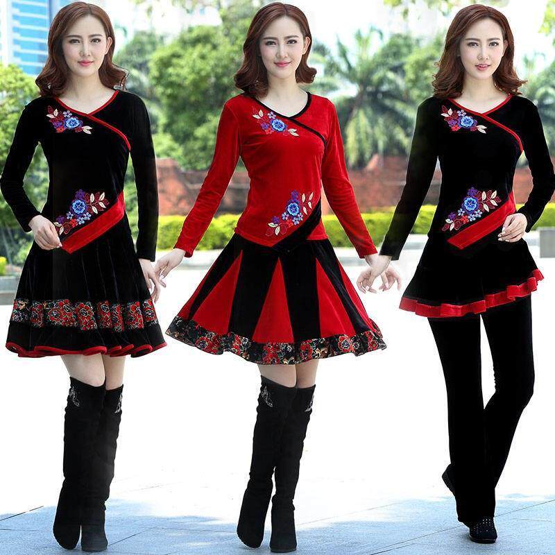 2021广场舞服装套装秋冬中老年金丝绒舞蹈服女跳舞裙民族风演出服