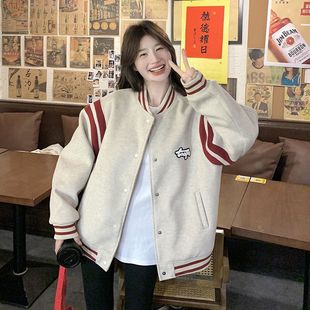 灰色学院风羽绒棒球服女冬季2025新款韩系宽松运动开衫白鸭绒夹克
