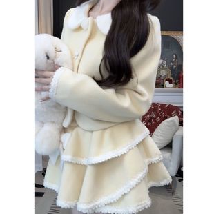 外套蛋糕裙甜美套装 Nico 秋冬季 加厚夹棉奶黄毛呢套装 半熟芝士