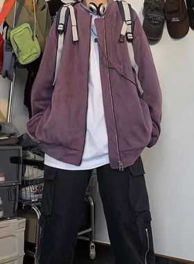 2024新款美式棒球服飞行员复古紫色外套宽松休闲麂皮绒情侣款夹克