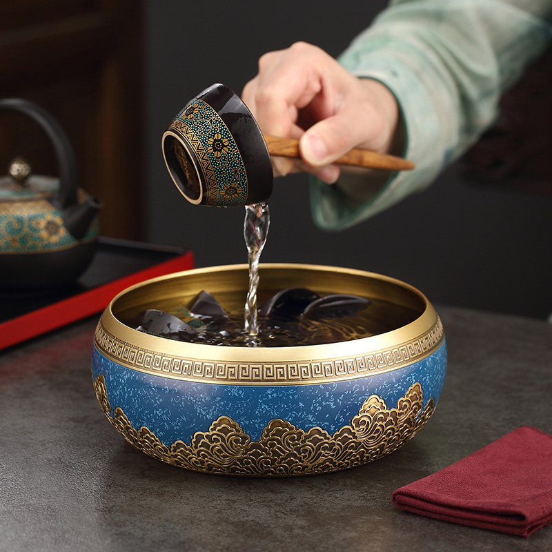 金芝达纯黄铜茶洗缸大号特大水盂功夫笔洗茶具配件高档家用品中式