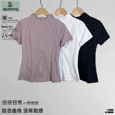 白色跑步服女上衣夏季专业健身运动短袖宽松大码户外晨跑拉链开衫