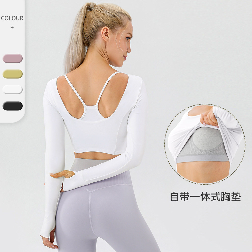 女士高弹紧身瑜伽服短款露脐健身上衣跑步运动长袖T恤带一体胸垫