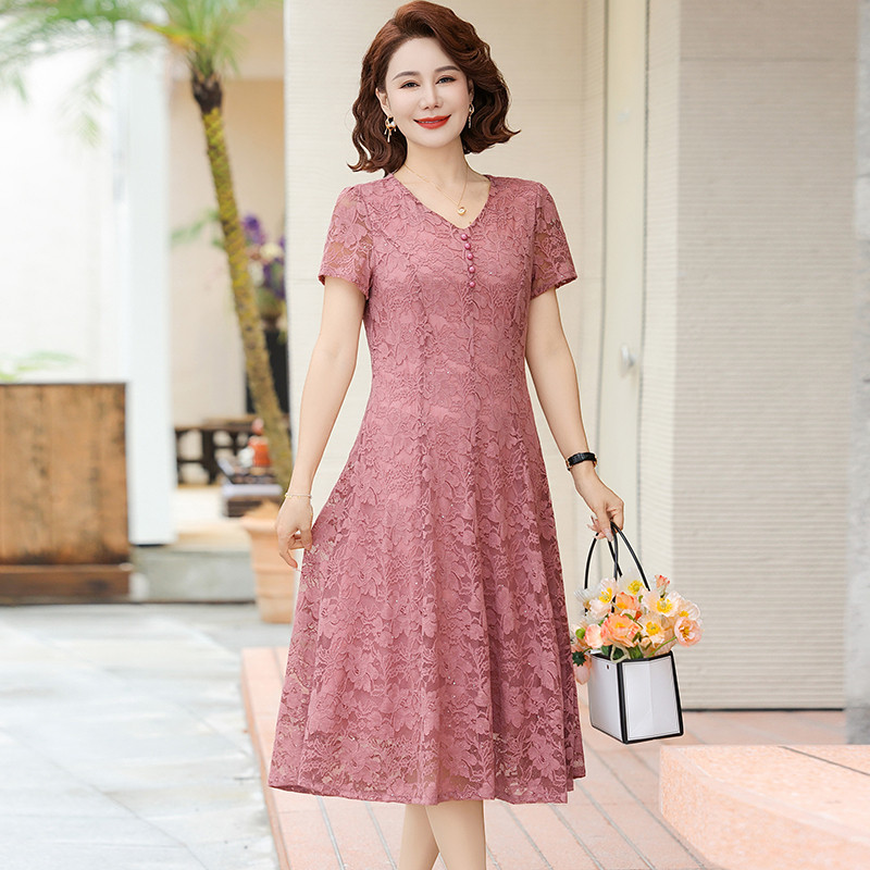 中老年女装V领短袖蕾丝连衣裙妈妈装夏季显瘦气质中长款裙子洋气