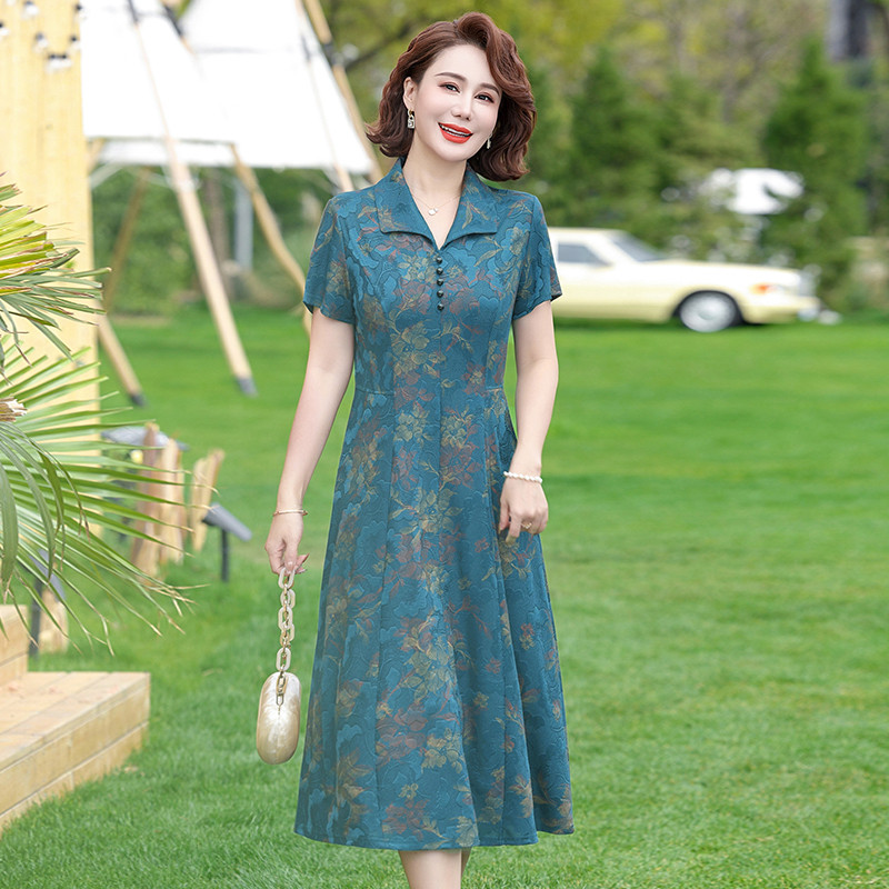淑女风短袖翻领印花连衣裙中老年女装妈妈夏季气质洋气显瘦中长款