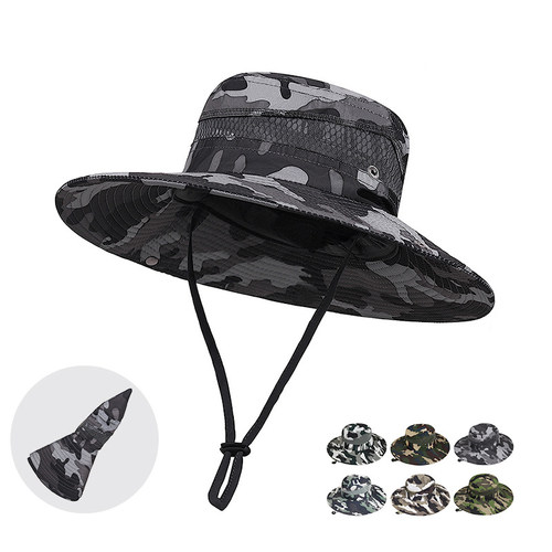 迷彩大檐登山骑行防风绳遮阳帽子