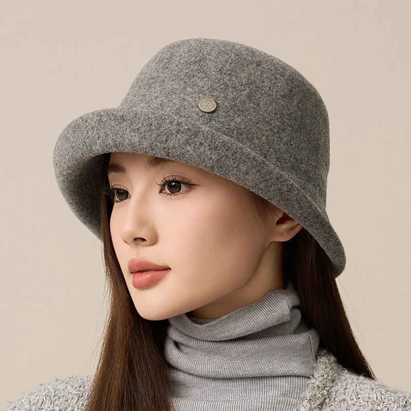 毛呢渔夫帽女秋冬新款韩版时尚百搭复古洋气保暖盆帽卷边毛毡里面