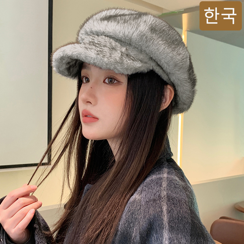 贝雷帽女士秋冬季韩版仿水貂绒加绒加厚保暖防寒鸭舌帽显脸小帽子