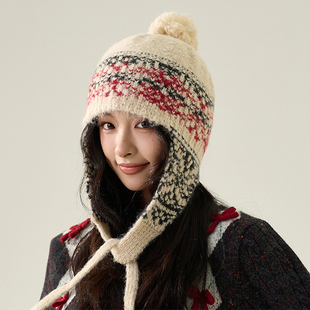 针织毛线帽女士秋冬新款加厚保暖防寒护耳帽民族风帽子套头帽冷帽