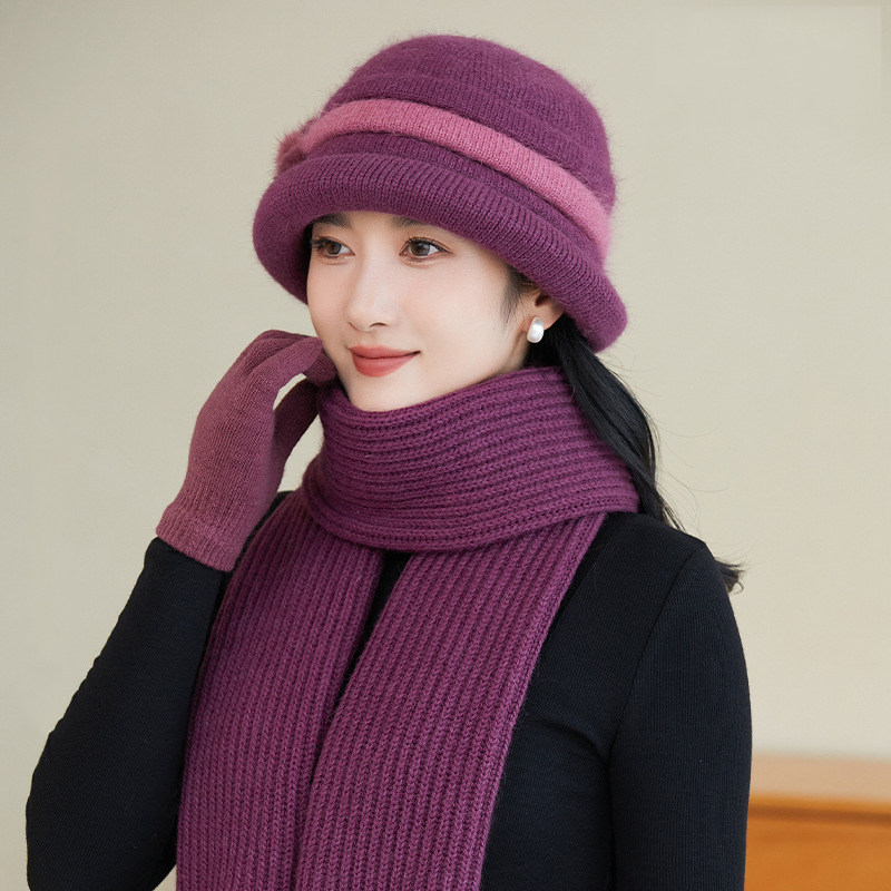 中年妈妈秋冬帽子加绒加厚保暖兔毛针织毛线帽防寒围巾两件套盆帽