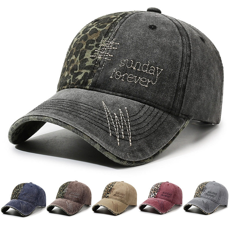 豹纹拼接棒球帽男女春夏新款水洗做旧字母刺绣鸭舌帽户外防晒遮阳