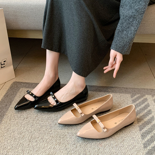 尖头法式浅口单鞋女裸色平底软底一脚蹬瓢鞋宽胖脚大码女鞋41到43