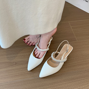 宽胖脚高跟鞋夏季法式尖头水钻女士包头后空凉鞋女大码女鞋41到43