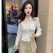 女长袖 2026春秋新款 设计感白色翻领衬衫 收腰显瘦百搭通勤职业上衣