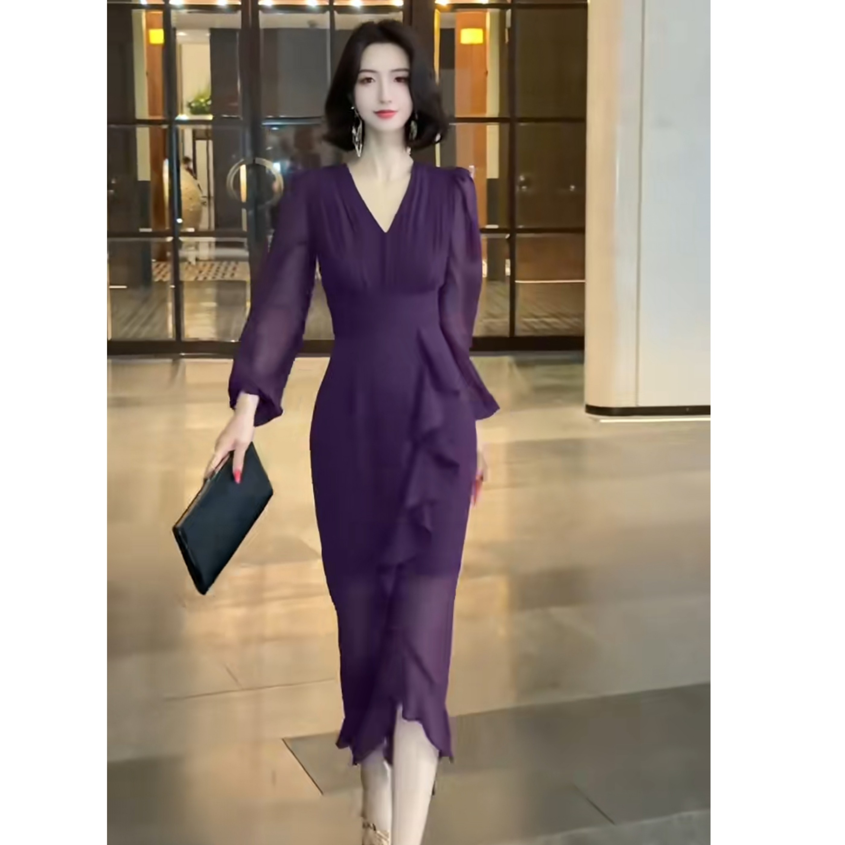 2026夏季新款法式优雅紫色V领长袖连衣裙女收腰荷叶边显瘦包臀裙
