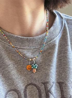 吃定彩虹~ 手作小蘑菇串珠项链极细自由搭配秋冬多巴胺卫衣链