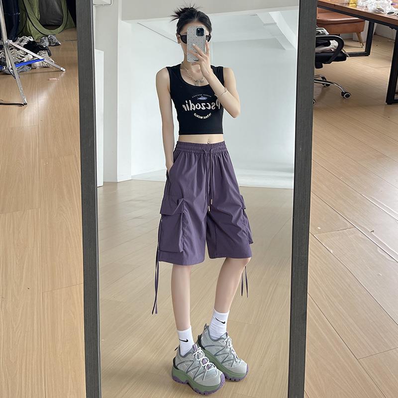 紫色工装短裤女夏季薄款高腰休闲阔腿设计感速干运动美式五分裤子