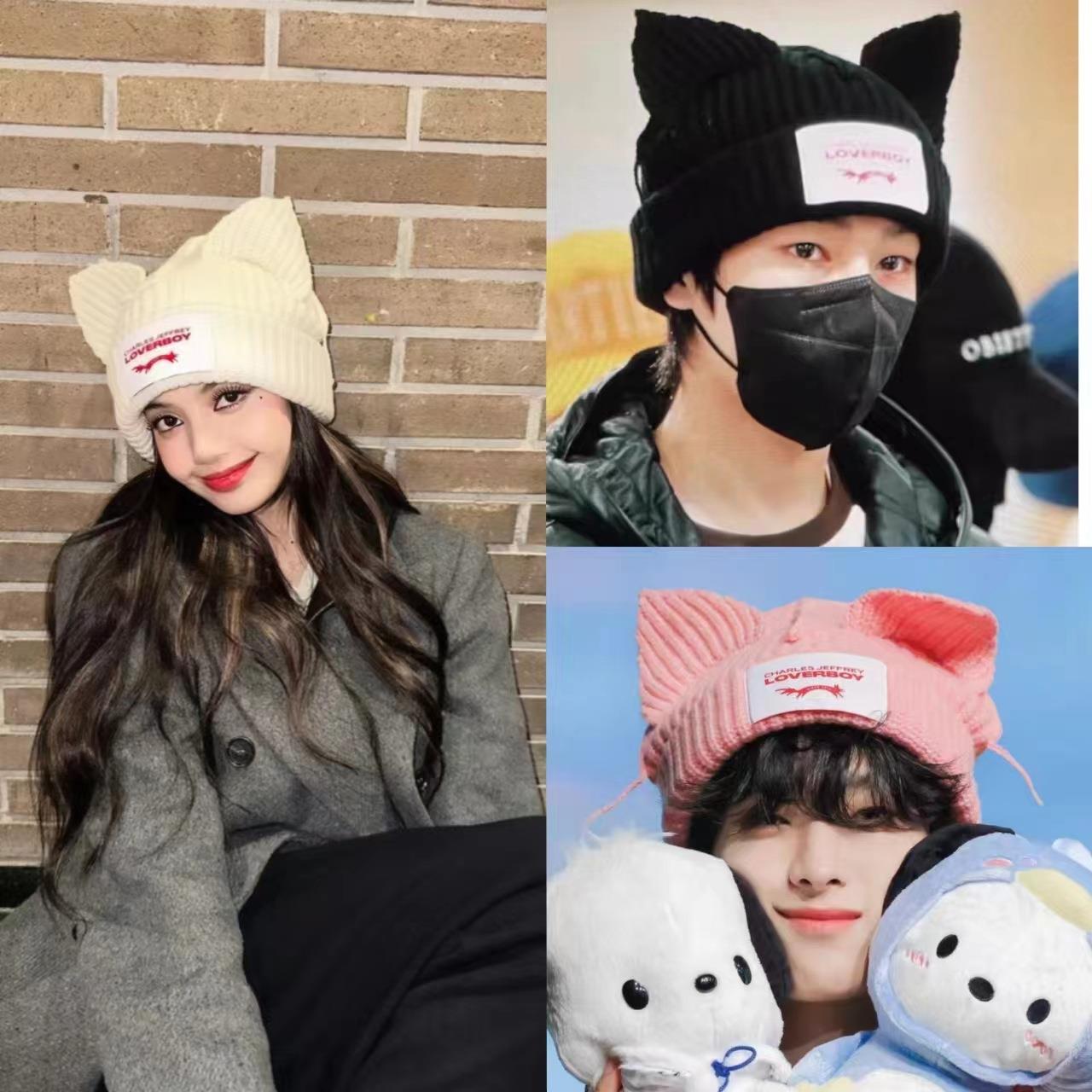 韩版手工猪猪耳朵毛线帽子秋冬保暖韩国纯色长耳朵针织帽针织帽