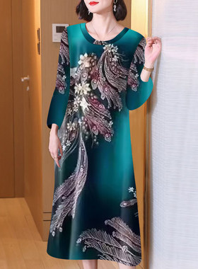 婆婆外穿时尚印花长袖中老年春秋妈妈大码新款薄款洋气连衣裙