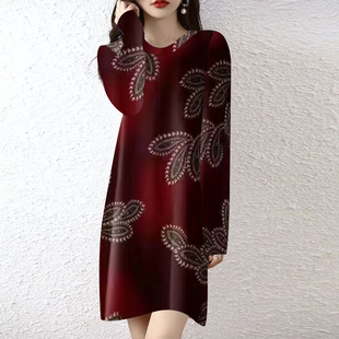 女装 春秋薄款 气质优雅裙子宽松大码 长袖 年轻妈妈端庄连衣裙女新款