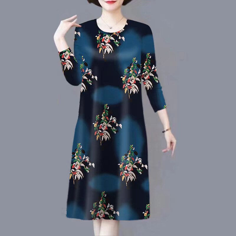 春秋新款棉绸连衣裙女中老年长袖裙子大码宽松女装时尚妈妈中长裙