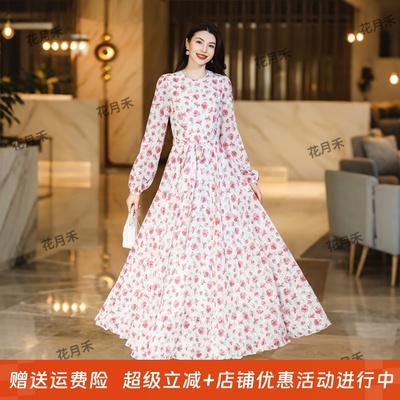 2025年新款春秋冬长袖长裙雪纺裙沙滩裙子收腰显瘦海边大摆连衣裙