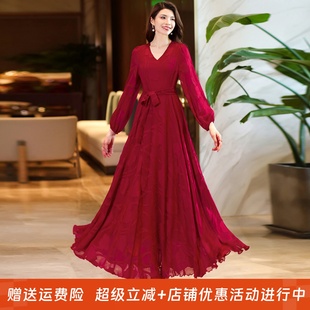 2025年秋冬季长袖大摆连衣裙收腰显瘦旅游度假长裙雪纺裙沙滩裙子