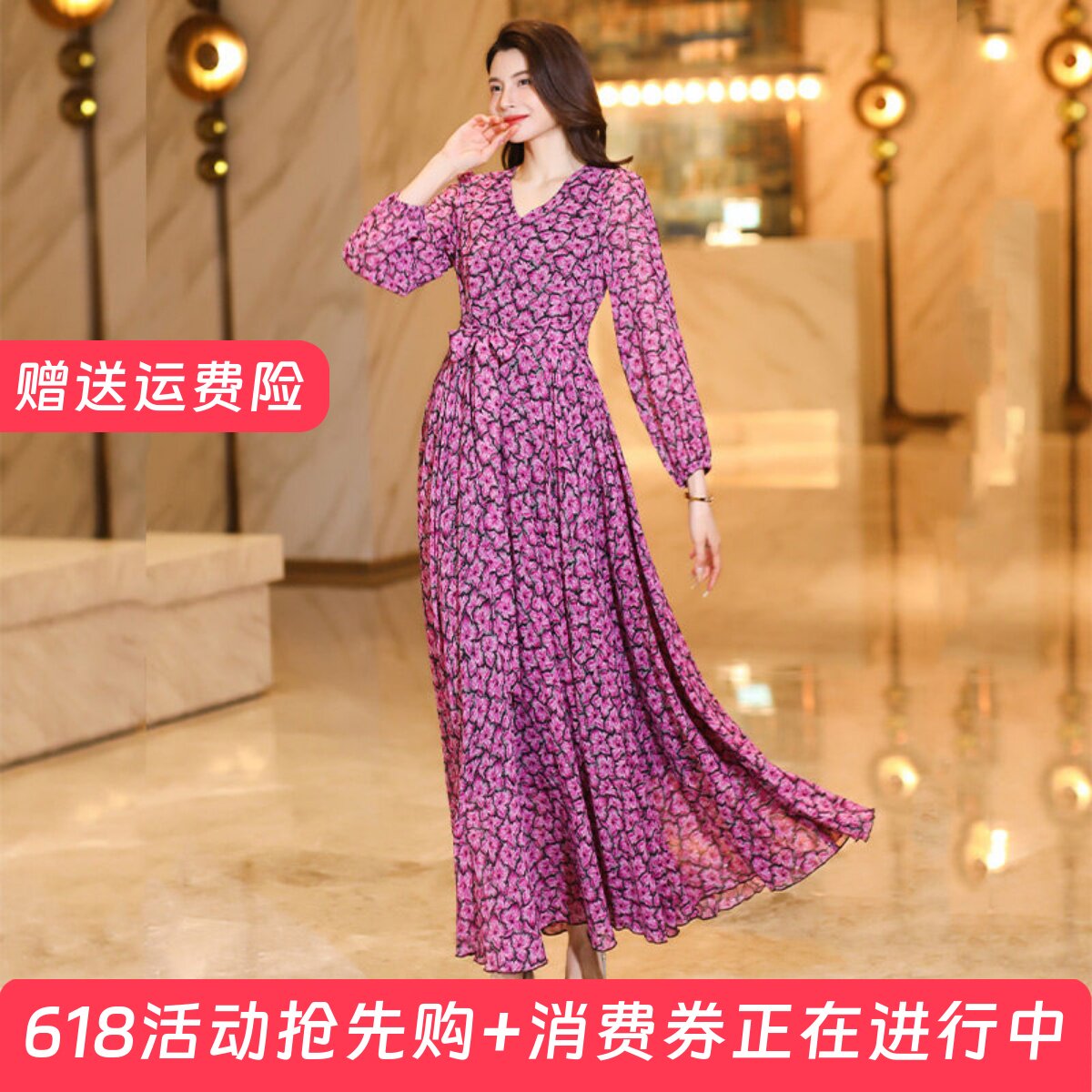 2026年春夏V领印花连衣裙收腰显瘦长裙妈妈款短款小个子沙滩裙子