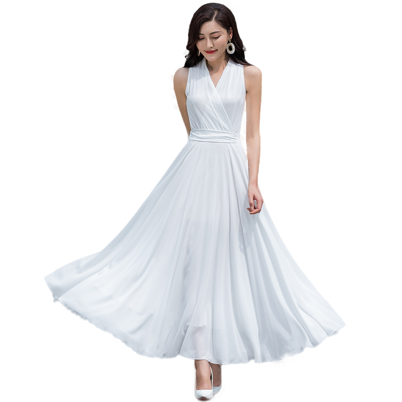 2025夏款新款挂脖V领长款大摆雪纺连衣裙女波西米亚沙滩度假长裙