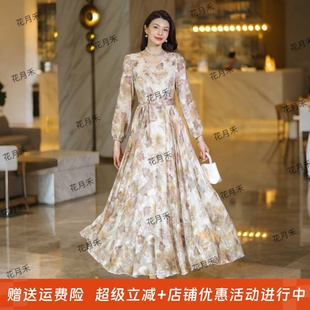 2025年春秋冬长袖印花大摆连衣裙收腰显瘦沙滩度假长裙雪纺裙子