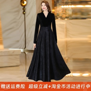 V领长裙收腰显瘦复古气质长裙打底裙子 女士长袖 2025秋冬季 新款