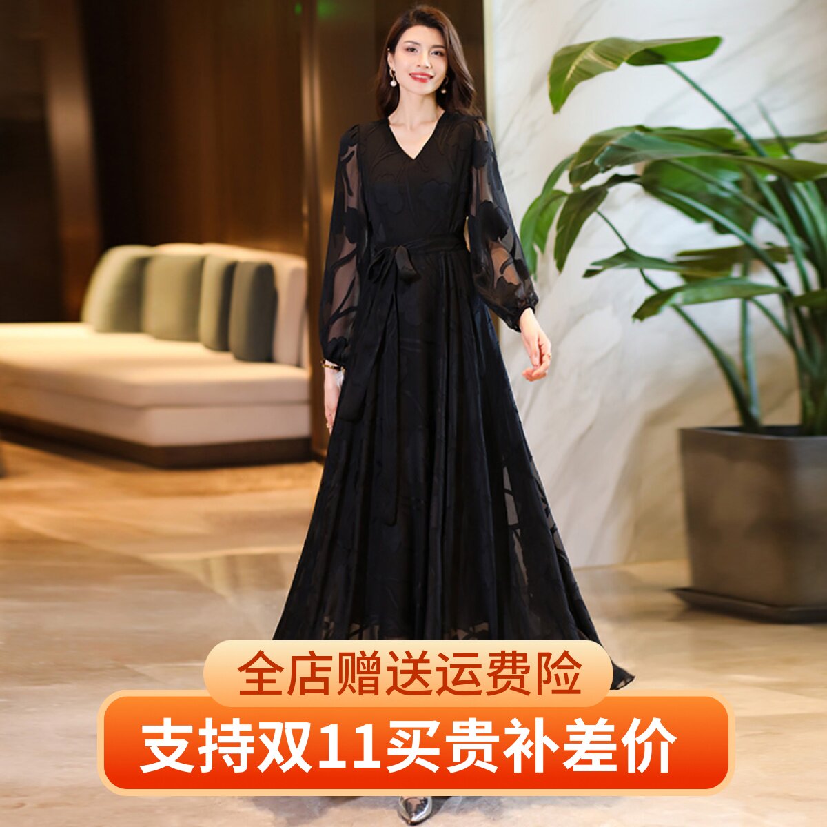 2023年新款春秋季大摆连衣裙收腰显瘦旅游度假长裙雪纺裙沙滩裙子