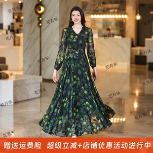 2025年春秋冬季长袖大摆连衣裙收腰显瘦度假长裙雪纺裙沙滩裙子