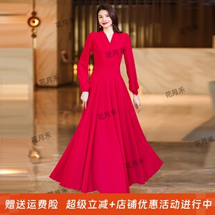 2025春秋冬纯色酒红色连衣裙收腰显瘦长裙妈妈款短款小个子沙滩裙