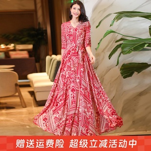 春夏条纹大摆连衣裙收腰显瘦旅游度假长裙雪纺裙沙滩裙 2025年新款