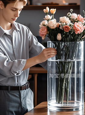 大号宽口透明玻璃花瓶大口径水培器皿特大号深水醒花桶405060cm高