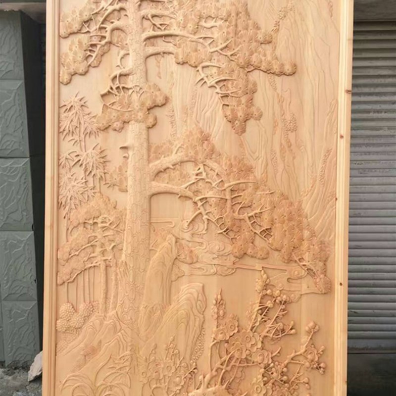 热销东阳木雕迎客松实木山水雕花板手工浮雕通花板玄关隔断背景墙