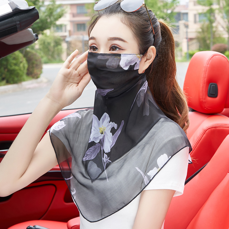 100%桑蚕丝真丝口罩护颈透气薄款防晒面纱女骑车遮脸遮阳夏季面罩