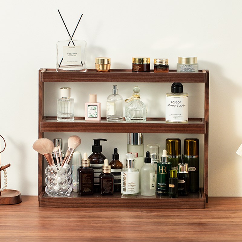 素风化妆品置物架高级感桌面轻奢实木梳妆台护肤品收X纳盒子大容