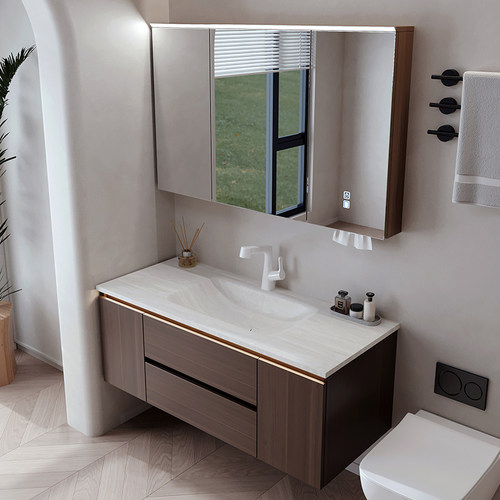 p80白洞石岩板热弯一体盆中古风胡桃木色智能浴室柜组合洗漱台盆