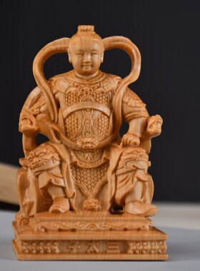 崖柏木雕像中坛元帅哪吒三太子摆件实木光泽天王台湾太子爷工H62