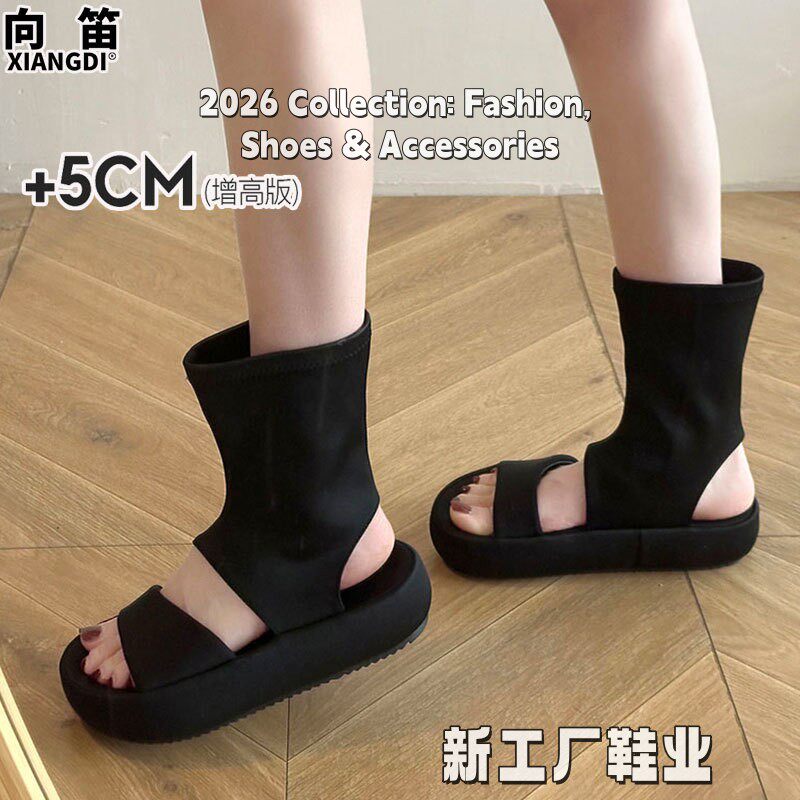 夏季露趾凉靴女厚底显瘦腿细弹力布黑色短靴子罗马凉鞋休闲沙FF91
