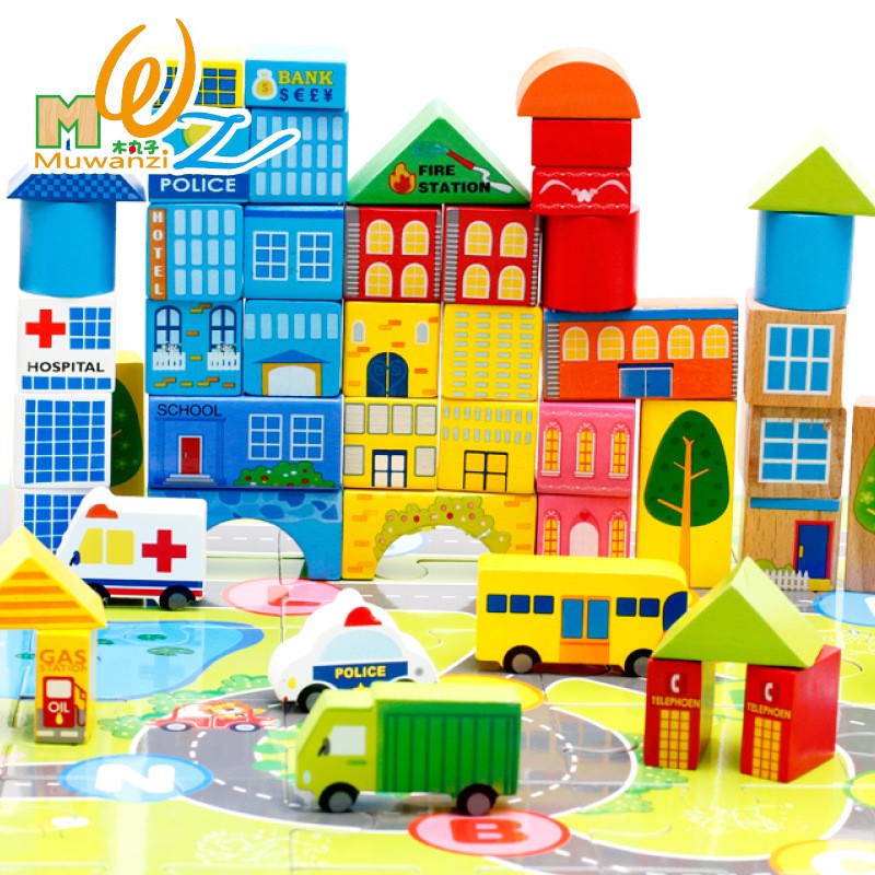 木丸子62粒城市交通场景积木DX36木制儿童桶装益智玩具p1.4收ce22
