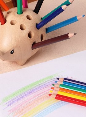 儿童木制刺猬笔筒24色铅笔绘画套装桌面摆台小学生文具笔架工CE71