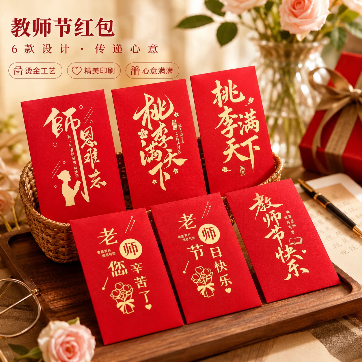 教师节红包袋6款烫金设计教师节快乐中秋插舌式利是封烫金工艺